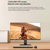 A computer monitor displaying a desert scene with camels, placed on a wooden desk with a keyboard and mouse. Produktbild-Vorschau