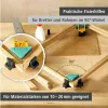 A close-up view of woodworking corner clamps being used to hold wooden pieces at a 90-degree angle, with text overlays describing the product's features and suitability. Produktbild-Vorschau