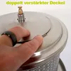 A hand is pressing down on the lid of a metal appliance. Produktbild-Vorschau