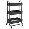 A black three-tier rolling cart is shown against a white background.