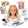 A collage of images showcasing a doll's head for hairstyling, along with various accessories and instructional graphics. Náhled obrázku produktu