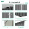A collage of close-up images showcasing different features of a metal shed. Produktbild-Vorschau