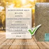 A bag of birdseed is shown next to a list of its ingredients, with a green checkmark overlay. Produktbild-Vorschau