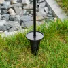 A close-up view of the base of a solar garden light, anchored in grass with a rocky border in the background. Produktbild-Vorschau