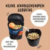 A blue dog treat bag is shown with treats and a ball inside, next to a separate black treat holder filled with treats. Text highlights features. Produktbild-Vorschau