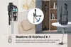 A collage of images showing a vacuum cleaner and its charging station, with text describing its features. Produktbild-Vorschau