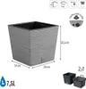 Diagram showing dimensions and features of a gray square planter. Náhled obrázku produktu