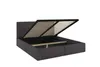 A dark gray upholstered bed frame with the storage compartment open, revealing the slatted base. Produktbild-Vorschau