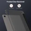 A close-up view of a tablet case, showcasing its frosted clear backshell and a black accent strip. Produktbild-Vorschau
