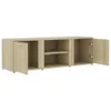 A wooden TV cabinet with two doors and shelves, shown from a side angle with the doors open. Náhled obrázku produktu