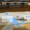 A robot vacuum cleaner is shown navigating a room with obstacles. The image includes text overlays and graphical elements highlighting the obstacle avoidance feature. Produktbild-Vorschau