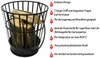 A black metal firewood basket filled with logs, with a list of product features on the right side. Produktbild-Vorschau