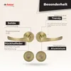 A marketing image showcasing a door handle set with descriptive text highlighting its features and benefits. Produktbild-Vorschau
