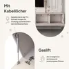 A collage of images showcasing features of a TV cabinet, including cable management and a gas lift mechanism. Produktbild-Vorschau