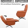 Two views of a brown leather recliner chair, one upright and one reclined with the footrest extended, against a white background. Text overlays describe its features. Produktbild-Vorschau