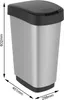 A silver and black trash can with dimensions indicated by measurement lines and text. Voir les images du produit