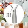 A collage of images showing a cream dispenser and its use in decorating desserts and drinks. Produktbild-Vorschau