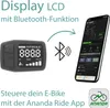 An e-bike display unit and a smartphone running an app are shown, connected by a Bluetooth symbol, with text describing the functionality. Produktbild-Vorschau