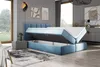 A bedroom scene with a blue upholstered bed with storage, a nightstand, and artwork on the wall. Produktbild-Vorschau