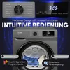 A collage featuring a washing machine with various informational overlays and text. Produktbild-Vorschau