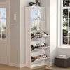 A white shoe cabinet with mirrored doors stands in a hallway next to a door and a window. Produktbild-Vorschau