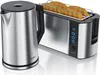 A silver electric kettle and a silver toaster with bread slices inside, displayed on a white surface. Produktbild-Vorschau