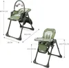 Two views of a green baby high chair with dimensions indicated by text and lines. Produktbild-Vorschau