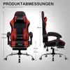 A gaming chair with dimensions indicated by measurement lines and text. Produktbild-Vorschau