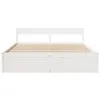 A white wooden bed frame with a slatted base, shown from the front. Produktbild-Vorschau
