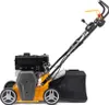A side view of a yellow and black gasoline-powered lawn scarifier on a white background. Produktbild-Vorschau