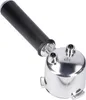 A close-up, studio shot of a coffee machine portafilter with a black handle and a silver metal head, set against a plain white background. Produktbild-Vorschau