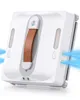 A white robotic window cleaner with a brown handle is shown from a diagonal angle, with blue water spraying from its sides. Voir les images du produit