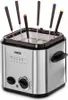 A stainless steel mini-fryer and fondue pot with six fondue forks, each with a different colored handle. Produktbild-Vorschau