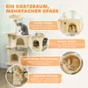 A cat tree with various features highlighted by text overlays and inset images. Náhled obrázku produktu