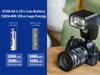 A split image showing battery comparisons on the left and a camera with a flash on the right. Produktbild-Vorschau