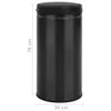 A black cylindrical trash can with a black lid, shown in a studio setting with a white background and measurement indicators. Produktbild-Vorschau