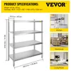 A stainless steel shelving unit with dimensions and usage examples in a kitchen, warehouse, and living room. Náhled obrázku produktu