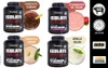 A collage of four different flavors of Weider Isolate Whey 100 CFM protein powder tubs, each with a corresponding image of the prepared drink or flavor inspiration. Also includes marketing badges on the right side. Produktbild-Vorschau