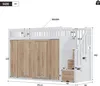A diagram showing the dimensions of a bunk bed with storage. Voir les images du produit