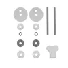 A collection of toilet seat mounting hardware components laid out on a white background. Produktbild-Vorschau