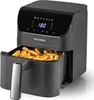 A black digital air fryer with a basket full of french fries. Produktbild-Vorschau