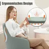 A woman is sitting in a teal office chair, holding a tablet. An inset diagram highlights the ergonomic design of the chair's lumbar support. Produktbild-Vorschau