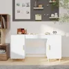 A white desk with wooden legs and gold handles, set against a light gray pegboard wall with various items displayed. Podgląd zdjęcia produktu