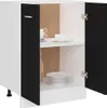 A white and black cabinet with its doors open, showing shelves with plates and cups. Produktbild-Vorschau
