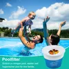 A family enjoying a pool on a sunny day, with a pool filter basket in the foreground. Produktbild-Vorschau