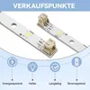 Close-up of two LED strips with connectors, accompanied by marketing icons and text. Produktbild-Vorschau