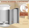Close-up of a double-walled kettle showing its construction, with a small inset image of hands holding a kettle and descriptive text. Produktbild-Vorschau