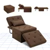 A collage of images showing a brown convertible sofa bed in various configurations, including a folded ottoman, a reclined chair, and a fully extended bed. Náhled obrázku produktu