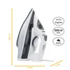 A side profile view of a white and black steam iron with measurement indicators and feature icons. Produktbild-Vorschau