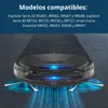A robotic vacuum cleaner is shown from a slightly elevated angle, with blue light effects emanating from its underside, suggesting cleaning action. The background is a textured gray surface. Produktbild-Vorschau